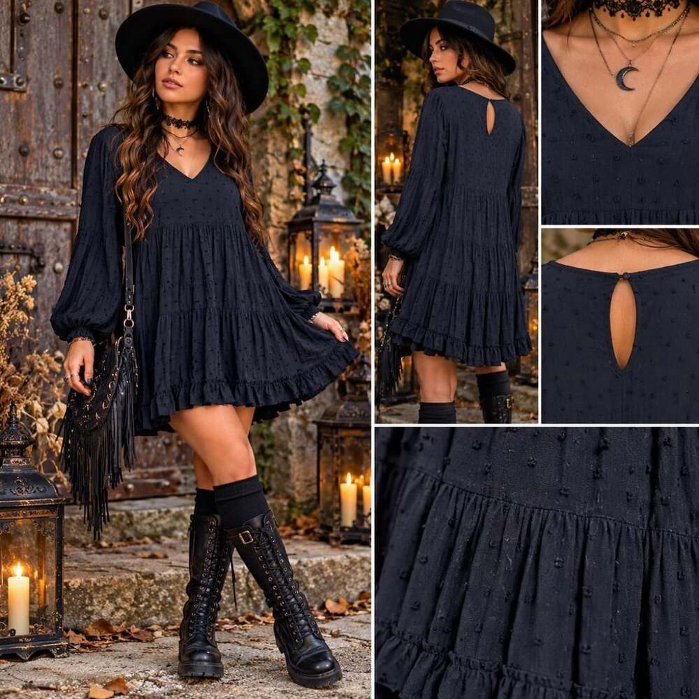 Blue Rain Tiered Dress Size M Black Swiss Dot Boho Long Sleeve